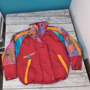 Roffe 80s Ski Jacket Red Multicolor Geometric Retro Snow Coat – Women’s 14